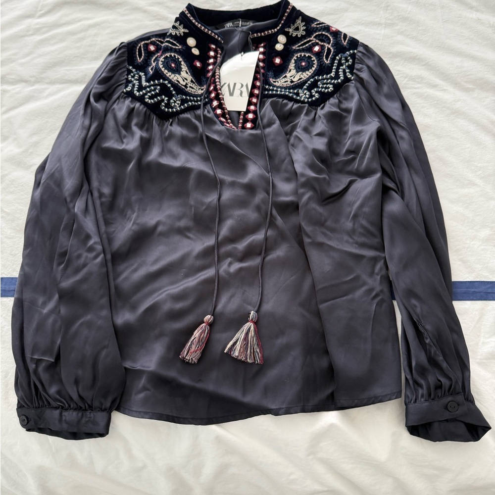 Zara Black Blouse with Red and Gold Embroidery